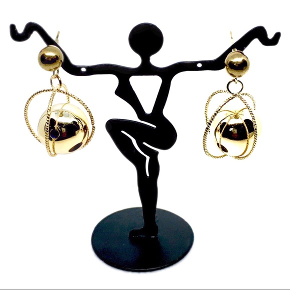 NEW Shiny Gold Sphere Caged Orb Drop Earrings - Picture 5 of 7
